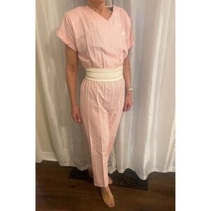 Vintage Jody California Pink Stripe‎ Jumpsuit White Woven Belt V Neck Romper
